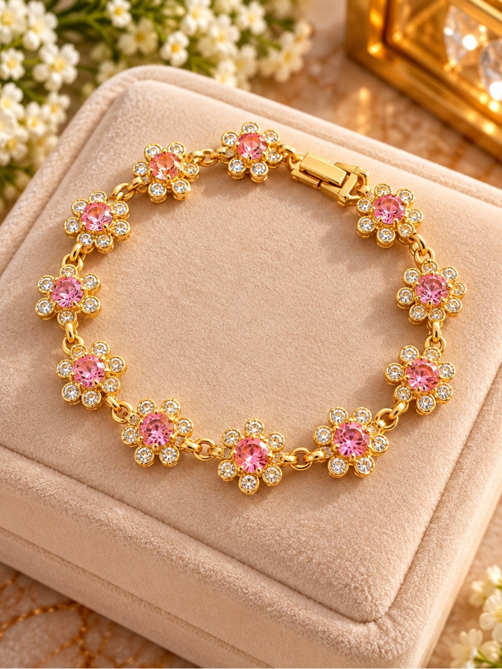 Gold Tone Pink Flower Crystal Bracelet Women’s Floral Jewelry 6.5”